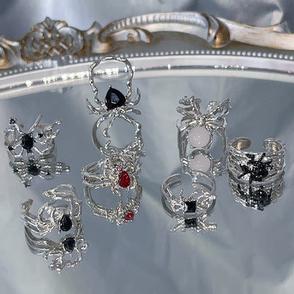 Silver Punk Spiders 7 Rings Set
