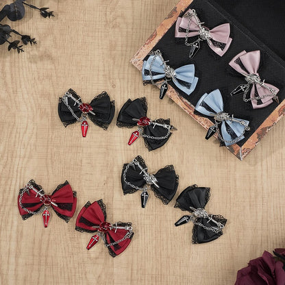 5 Colors Coffin Charm Gothic Cross Jirai Kei Bowknot Hairclips with Chain