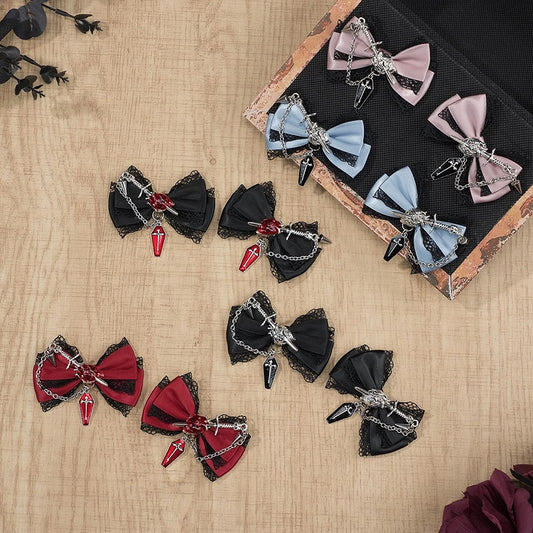 5 Colors Coffin Charm Gothic Cross Jirai Kei Bowknot Hairclips with Chain