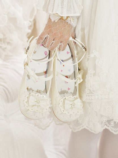Milky White Bow at Top Lace Trim Heart Buckles Round Toe Lolita Shoes