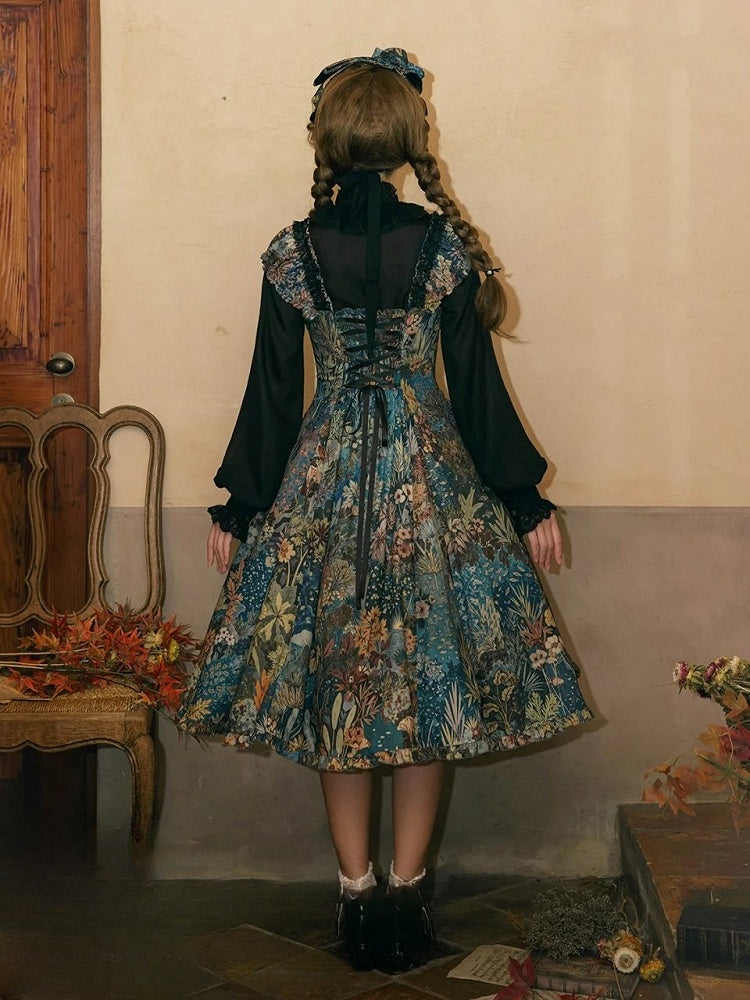 Green & Blue Floral Print Elegant Classic Lolita Dress with Lily Embroidery on the Chest
