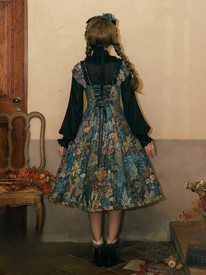 Green & Blue Floral Print Elegant Classic Lolita Dress with Lily Embroidery on the Chest