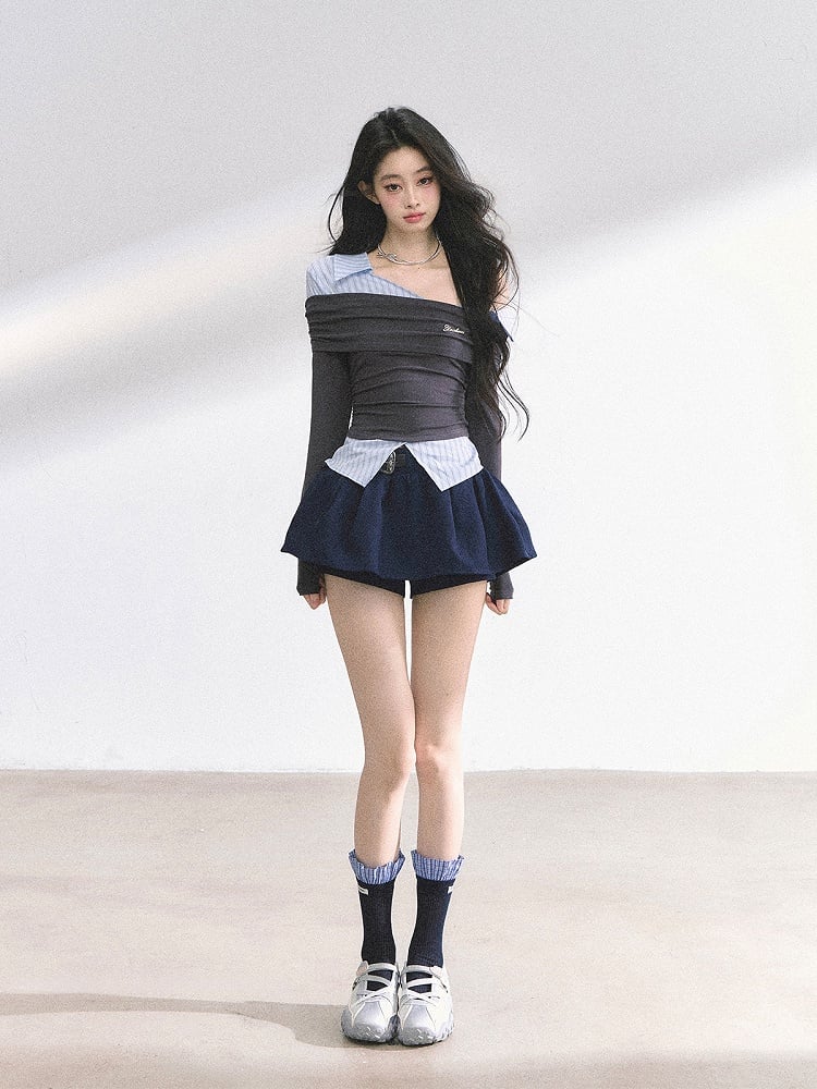 Gray and Blue Stripes Asymmetrical Neckline Faux Two-pieces Top