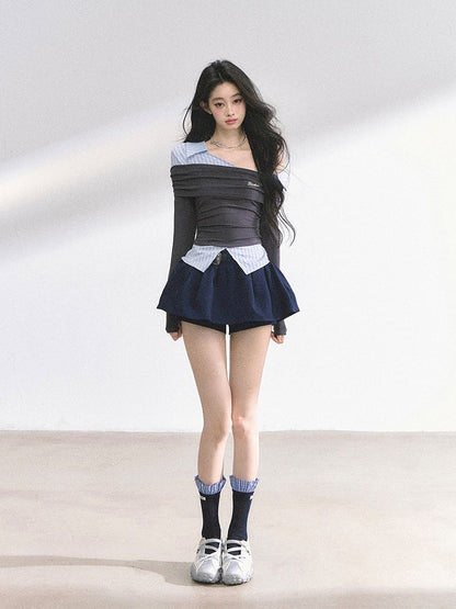 Gray and Blue Stripes Asymmetrical Neckline Faux Two-pieces Top