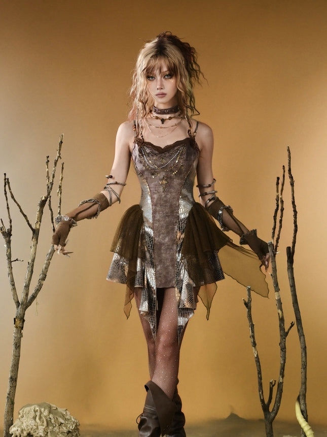 Brown Wasteland Punk Snakeskin Pattern Contrast Lace Patches Asymmetrical Hem Cami Top