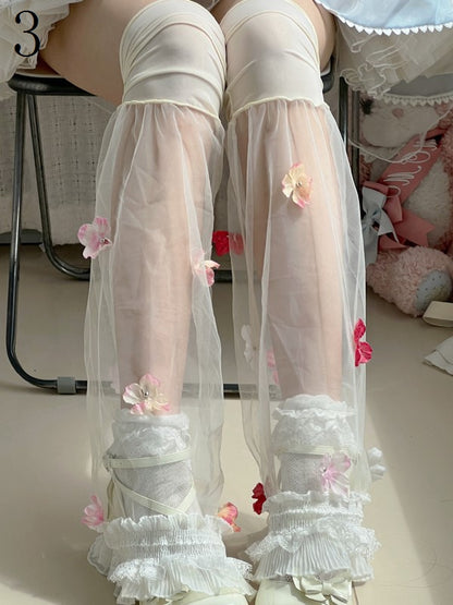 Black/White Semi-sheer Leg Sleeves With Red/Pink/Blue Flowers