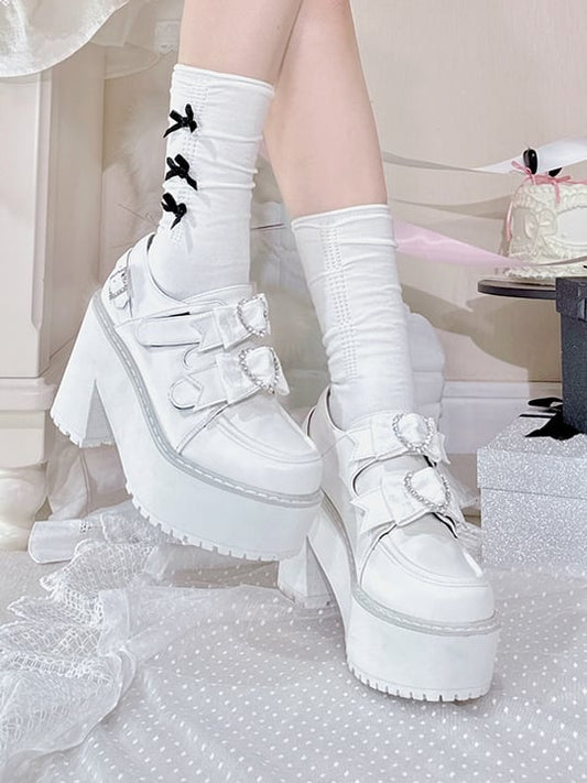 Matte White Jirai Kei Rhinestone Heart Bowknots Velcro Strap Closures Landmine Style Platform Shoes
