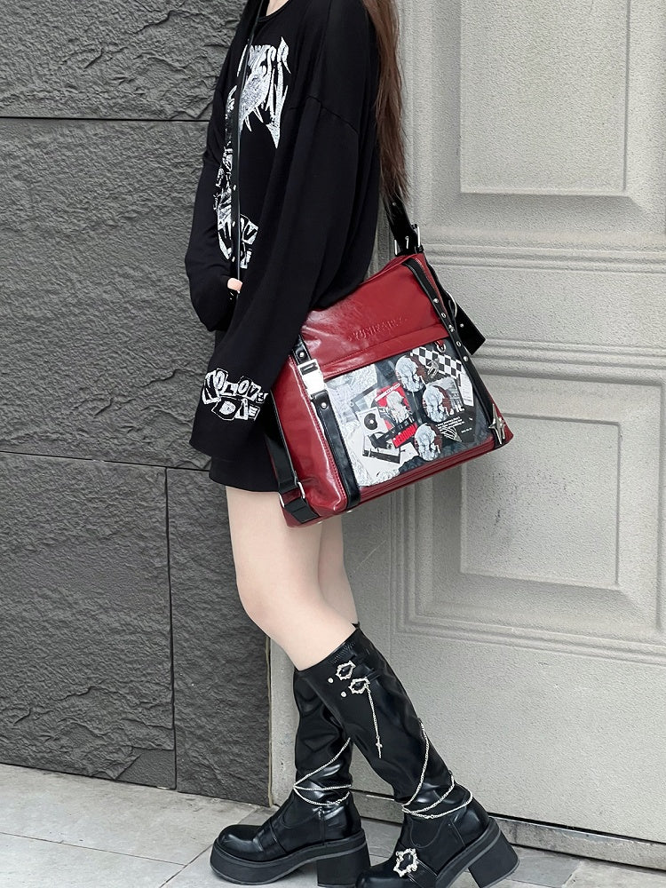 Red & Black Stud Detail Buckle Strap Ita Bag