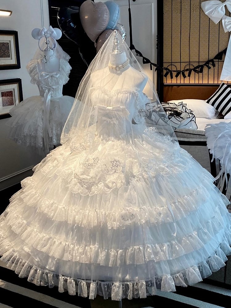 White Layered Ruffles Lace Shiro Lolita Dress with Bow Accents