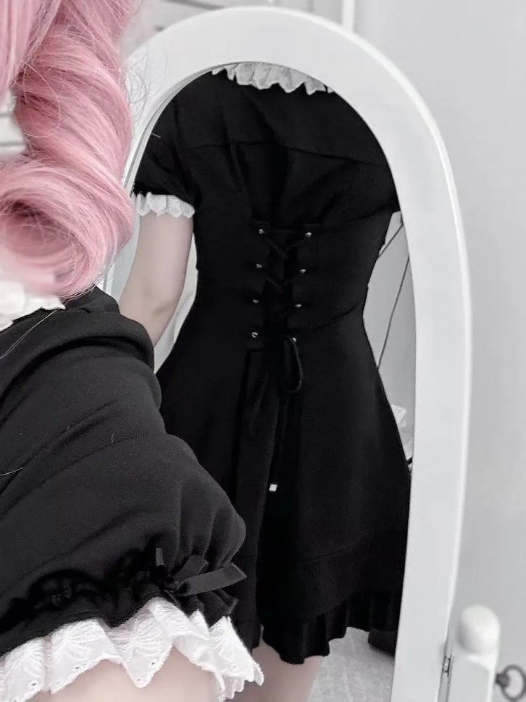 Plus Size Available Black Jirai Kei Set- Lace Trim Dress + Shorts + Tie + Wrist Cuffs