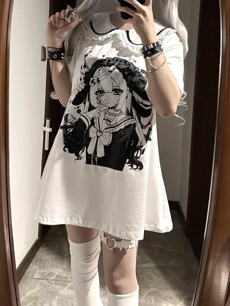 Anime Girl Print Peter Pan Collar White Jirai Kei T-shirt