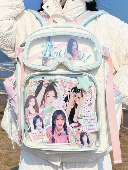 Macaroon Star Print Backpack Ita Bag With Goggles-Shaped Ita Bag