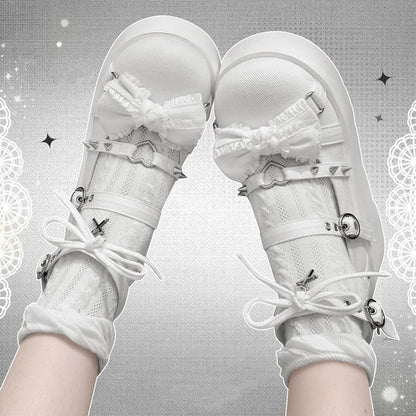 Spike Studs Bow Accents White Cross Gothic Platforms Punk Shoes