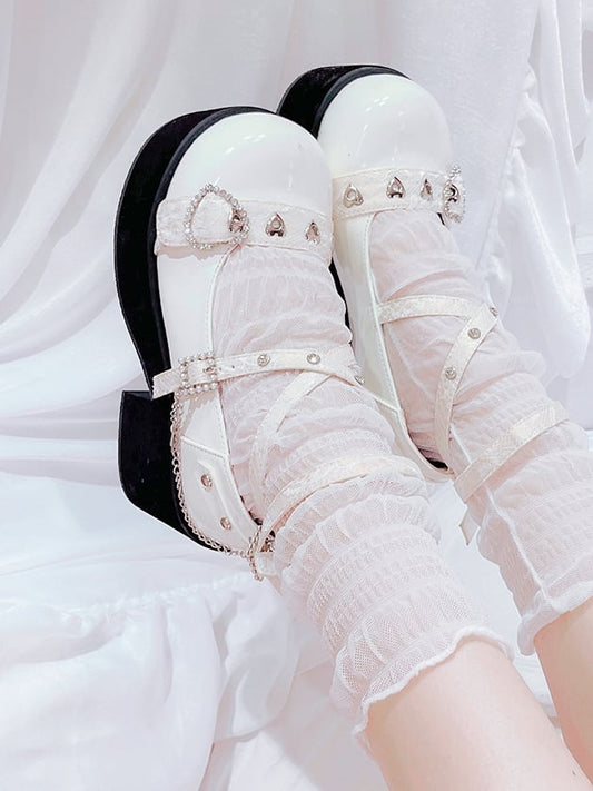 Rhinestoned Heart Design White Jirai Kei Buckle Ankle Strap Platforms with Cross Chain