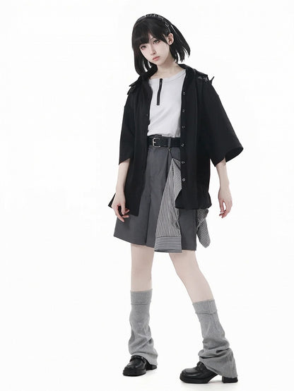 Gray Casual Shorts with Striped Accessory and Buckle Belt