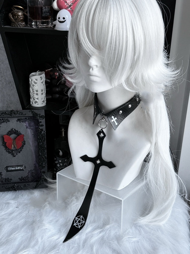 Punk Black/Red Pentacle Cross Charm Studded Necktie