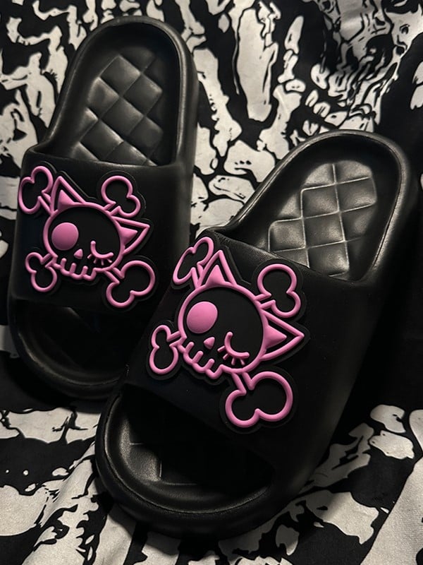 Black and Pink Gothic Skeleton Applique Summer Slippers