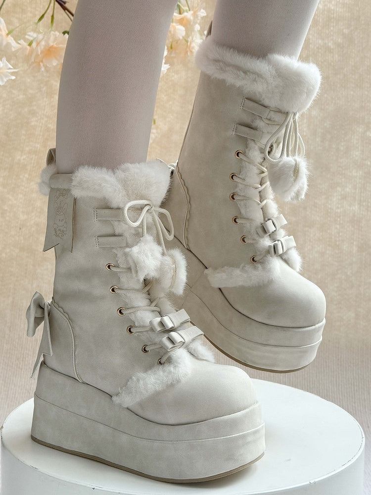 Platform Sweet White Winter Boots for Lolita - Fleece Lining with Heart And Star Pompon Charm Shoelaces & Bow Decor