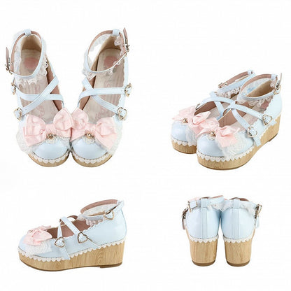 Blue Bow at Top Crisscross Design Heart Buckles Lace Trim Platforms