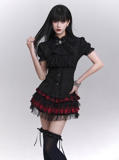 Black Puff Sleeves Vintage Gothic Blouse with Detachable Jabot Tie