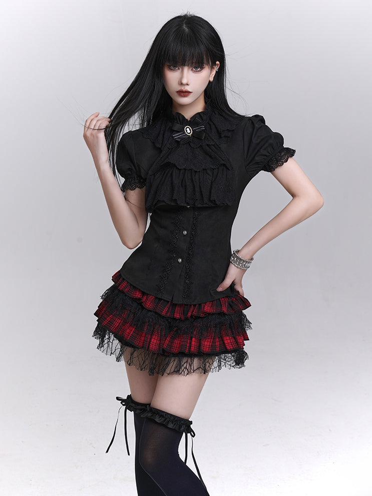 Black Puff Sleeves Vintage Gothic Blouse with Detachable Jabot Tie