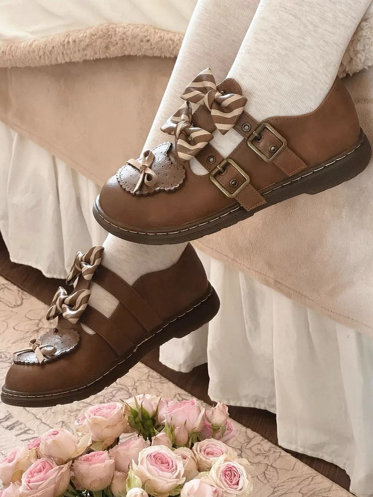 Brown Striped Pattern Bowknot Details Bear Design Lolita Flats