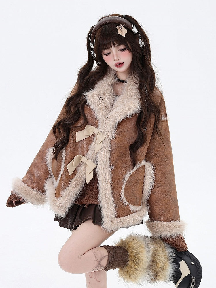 Clearance - Size S for Bust 120CM Brown Bowknot Details Sweet Winter Coat Plush Trim
