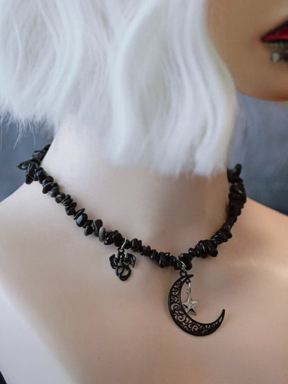 Black Gothic Star And Moon Pendant Crushed Stone Necklace