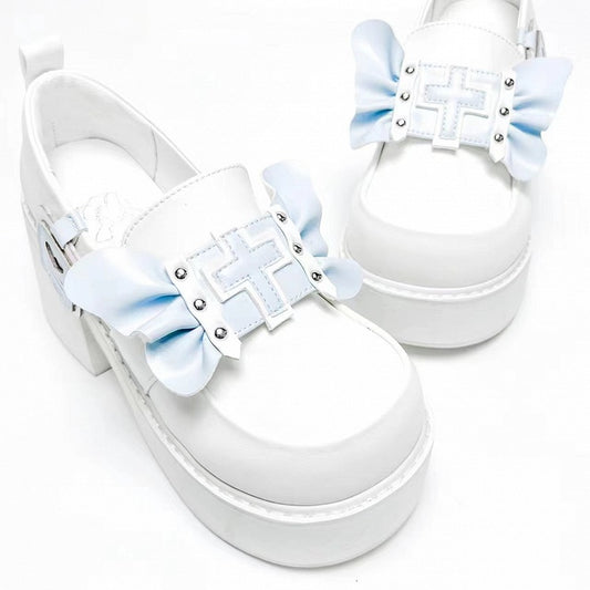 Punk Cross Wings White and Blue Jirai Kei Platforms High Block Heel