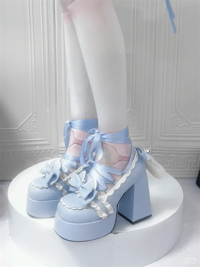 Cute Kitty Tails Blue Bow at Top Sweet Lolita Platform High Heels Lace-up at Ankle