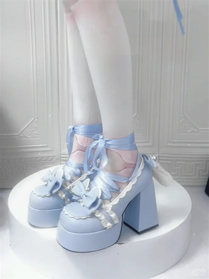 Cute Kitty Tails Blue Bow at Top Sweet Lolita Platform High Heels Lace-up at Ankle
