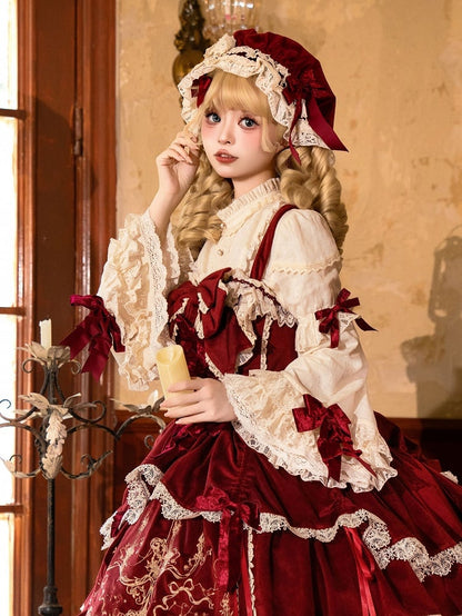 Black / Red / Pink / Gold Bows Decorated Beige Long Sleeves Blouse