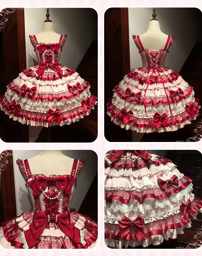 Clearance-Size M for Bust 86-91CM Pink and Red Sweet Bows Decorated Tiered Ruffles Skirt Old School Lolita Dress