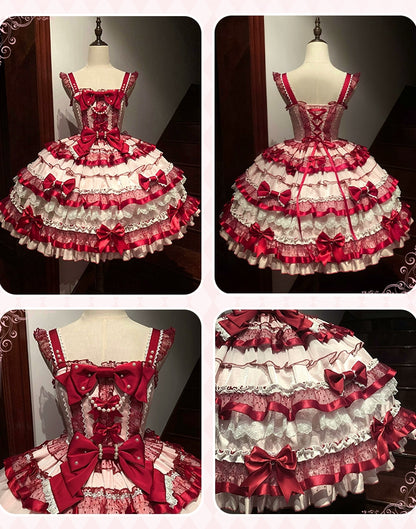 Clearance-Size M for Bust 86-91CM Pink and Red Sweet Bows Decorated Tiered Ruffles Skirt Old School Lolita Dress