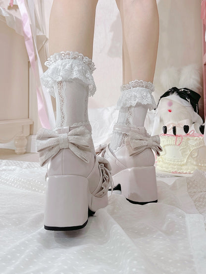 Pink Jirai Kei Bow at Top Crisscross Design Heart Buckles Platform High Block Heels Shoes