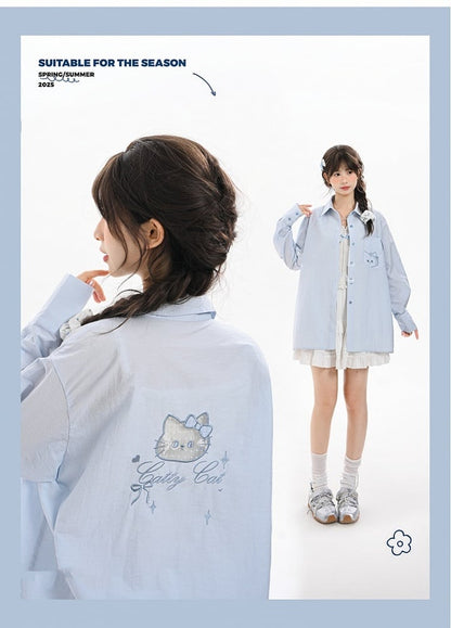 Kitty Embroidery on Pocket Kitty-shaped Cutout Detail Back Blue/Pink Loose Shirt