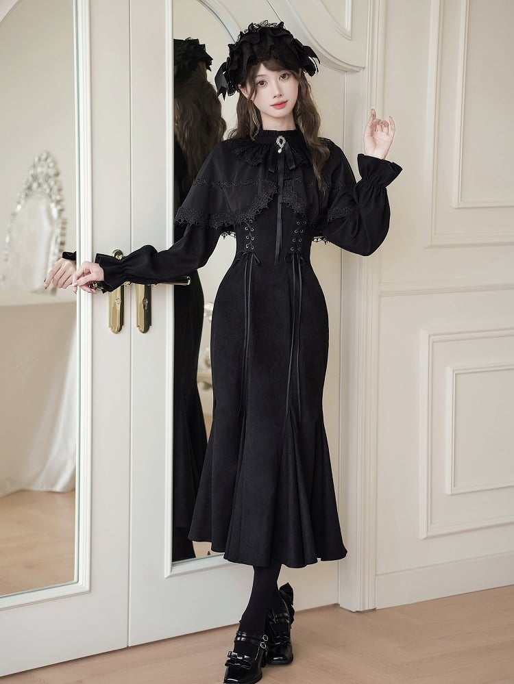 Black Jirai Kei-inspired Elegant Mermaid Dress with False Two-Piece Cape