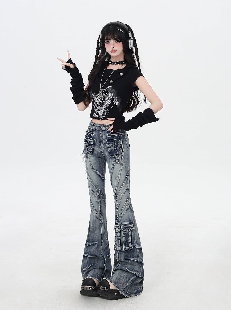 Y2K Blue Low Rise Raw Hem Faded Wash Flared Cargo Jeans