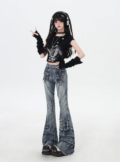 Y2K Blue Low Rise Raw Hem Faded Wash Flared Cargo Jeans