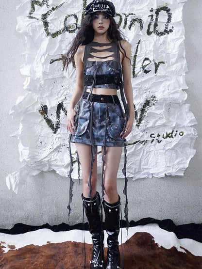 Wasteland Punk Tassel Design Navy Blue PU Skirt