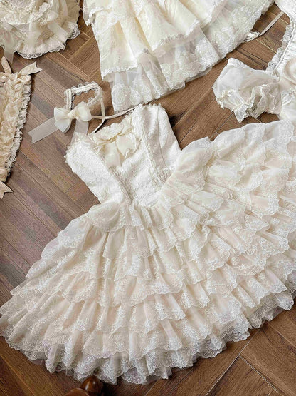 Creamy White Princess Embroidered Scallop Trim Tiered Skirt Lolita Dress