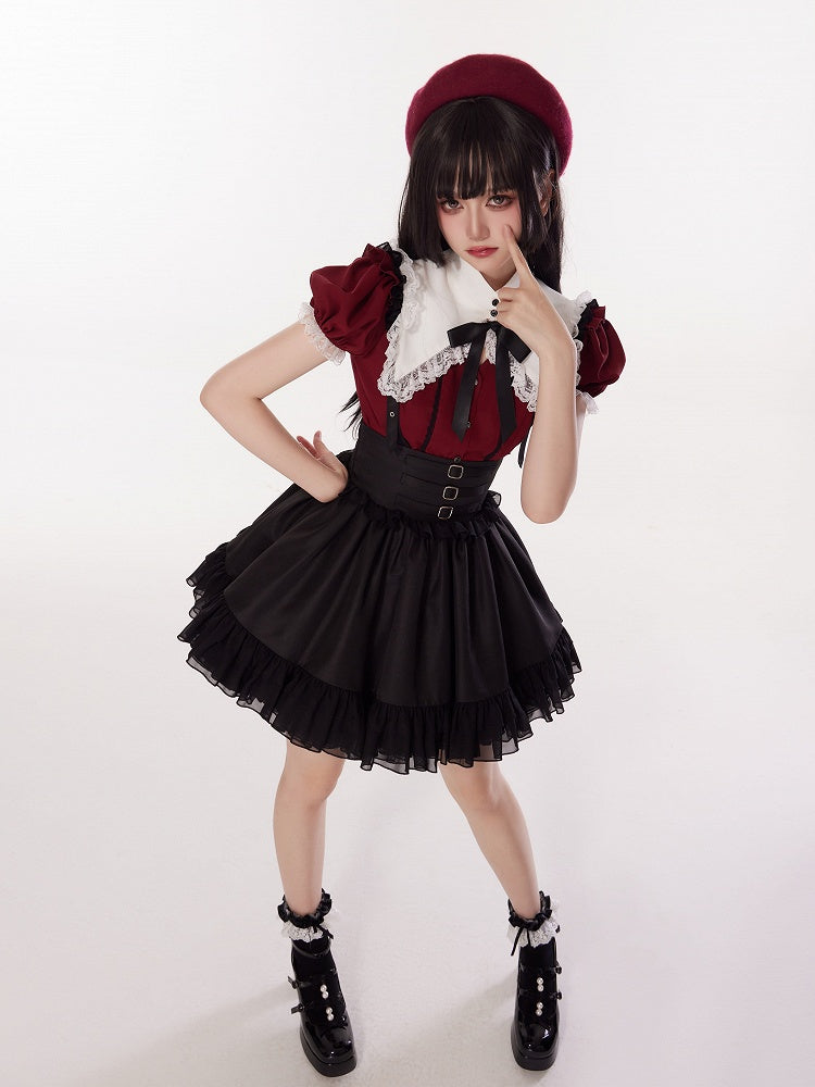 Three Metal Buckles Decorated High Waist Black Jirai Kei Skirt with Removable Straps