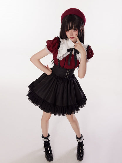 Three Metal Buckles Decorated High Waist Black Jirai Kei Skirt with Removable Straps