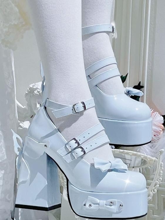 Light Blue Bowknot Stud Butterfly Design Platform High Block Heels Lolita Shoes