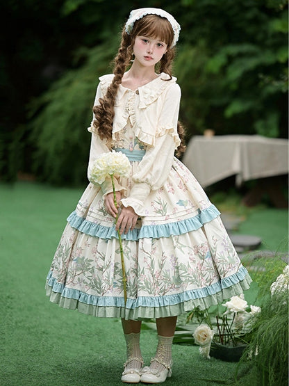 Natural Kei Floral and Bird Print Lolita Jumper Skirt with Waist Belt