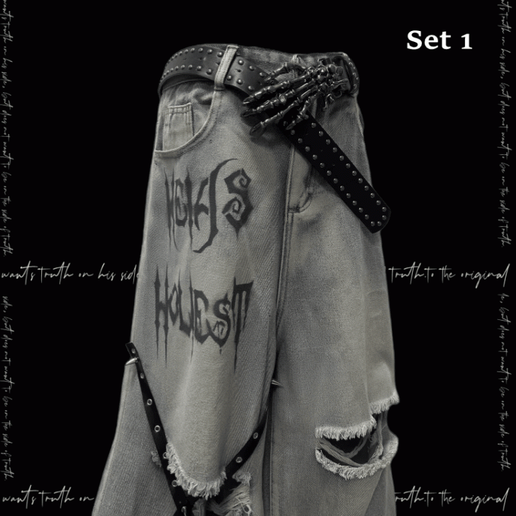 Y2K Blue Criss-cross Straps Design Distressed Holes Punk Jeans