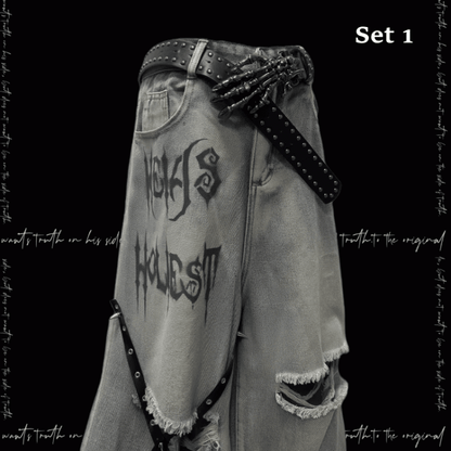 Y2K Blue Criss-cross Straps Design Distressed Holes Punk Jeans