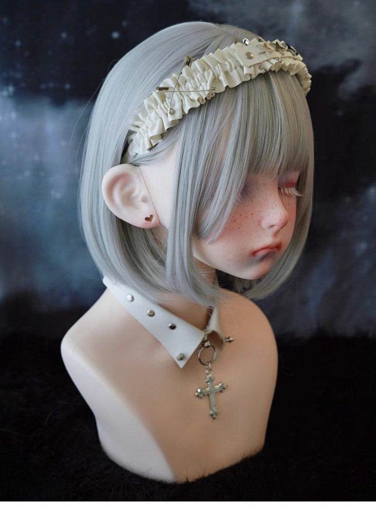 White Handmade Star-Shaped Studs Pins PU Ruffled KC