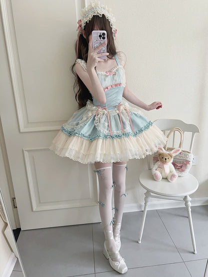 Green Balletcore Small Bows Fabric Short Dress Lolita Jumper Skirt