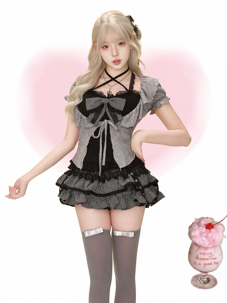 Gothic Black & Gray Striped Tiered Mini Skirt with Strap Accents